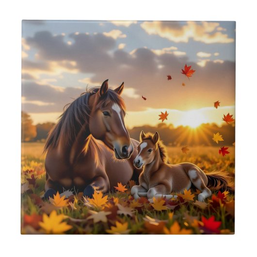 Eine Mutterstute und ihr Fohlen im Herbst Fliese (Vorderseite)