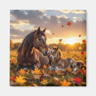 Eine Mutterstute und ihr Fohlen im Herbst Magnet
