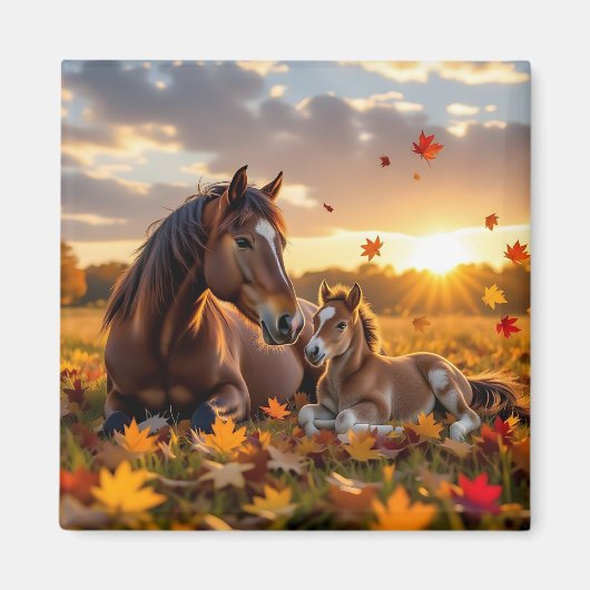 Eine Mutterstute und ihr Fohlen im Herbst Magnet (Vorne)