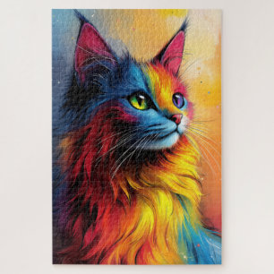 Eine mystische Katze mit leuchtendem mehrfarbigem  Puzzle