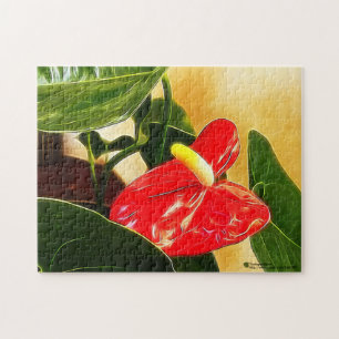 Eine Nah-Up-Blume mit einem fett roten Anthurium Puzzle