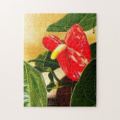 Eine Nah-Up-Blume mit einem fett roten Anthurium Puzzle (Vertikal)