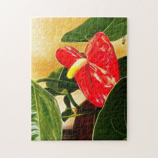 Eine Nah-Up-Blume mit einem fett roten Anthurium Puzzle (Vertikal)