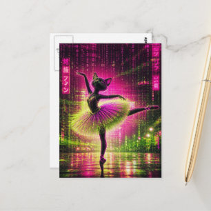 Eine Neon-Ballettkatze in der Cyberpunk-Stadt Postkarte