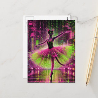 Eine neon-schwarze Ballettkatze in der Cyberpunk-S Postkarte