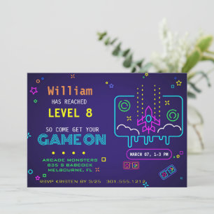 Eine neonfarbene Retro-Gaming-Kindergeburtstagsfei Einladung