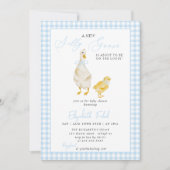 Eine neue Alberne Gänse Blue Gingham Baby Dusche Einladung (Vorderseite)