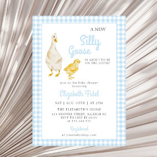 Eine neue Alberne Gänse Blue Gingham Baby Dusche Einladung