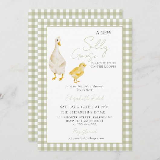 Eine neue Alberne Gänse-Green-Gingham-Kinderdusche Einladung (Vorne/Hinten)