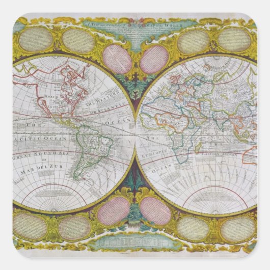 Eine neue und richtige Karte der Welt, 1770-97 Quadratischer Aufkleber (Vorderseite)