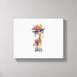 Eine Niedliche Babygiraffe mit Blumen- und Federak Leinwanddruck