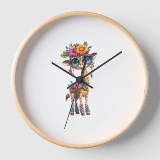 Eine Niedliche Babygiraffe mit Blumen- und Federak Uhr