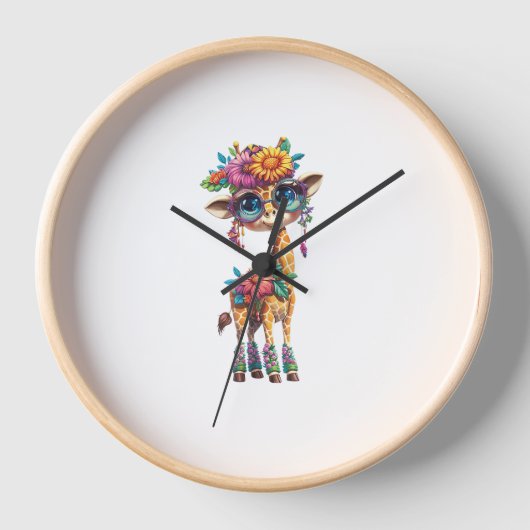 Eine Niedliche Babygiraffe mit Blumen- und Federak Uhr (Vorderseite)