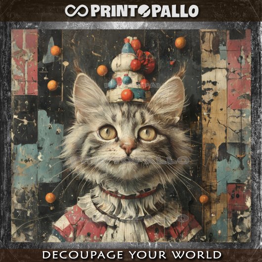 Eine niedliche Clownkatze aus Holz - Seidenpapier