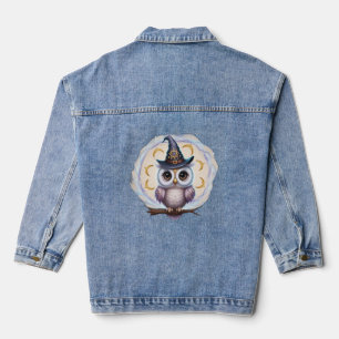 Eine niedliche Eule mit einem Zauberhut, mit leuch Jeansjacke