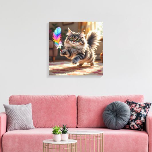 Eine Niedliche, flauschige Katze, die eine Feder j Leinwanddruck (Insitu (Wohnzimmer))