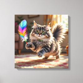 Eine Niedliche, flauschige Katze, die eine Feder j Leinwanddruck