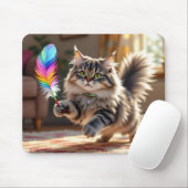Eine Niedliche, flauschige Katze, die eine Feder j Mousepad (Mit Mouse)