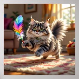 Eine Niedliche, flauschige Katze, die eine Feder j Poster