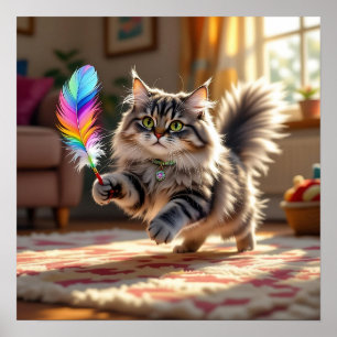 Eine Niedliche, flauschige Katze, die eine Feder j Poster