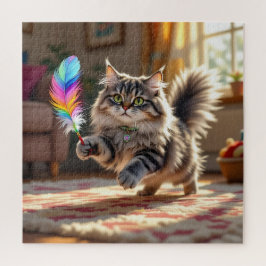 Eine Niedliche, flauschige Katze, die eine Feder j Puzzle