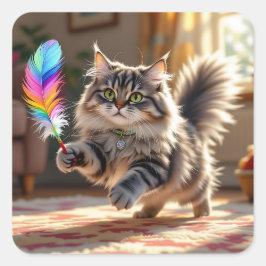 Eine Niedliche, flauschige Katze, die eine Feder j Quadratischer Aufkleber