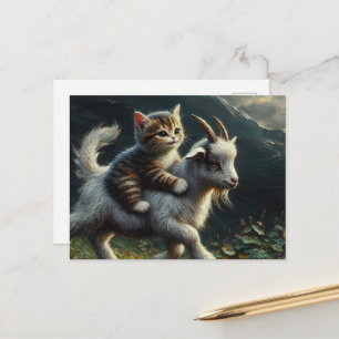 Eine niedliche Katze reitet auf einer Ziege Fantas Postkarte