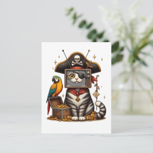 Eine niedliche Piratenkatze mit TV auf dem Kopf Postkarte (Stehend Vorderseite)
