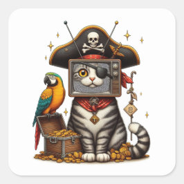 Eine niedliche Piratenkatze mit TV auf dem Kopf Quadratischer Aufkleber
