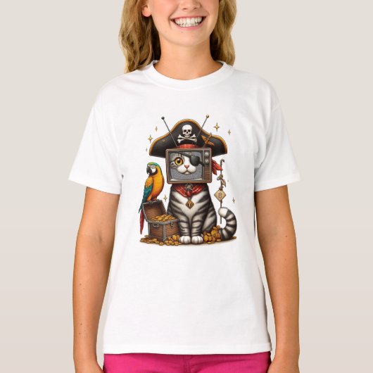 Eine niedliche Piratenkatze mit TV auf dem Kopf T-Shirt (Vorderseite)