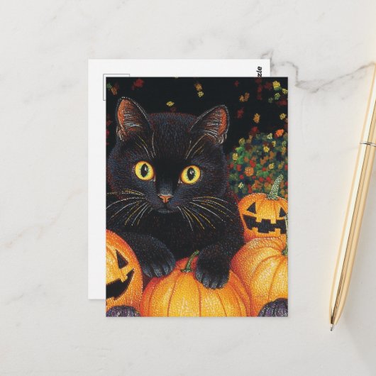 Eine Niedliche schwarze Katze im Halloween-Kürbis Postkarte (Vorderseite/Rückseite Beispiel)