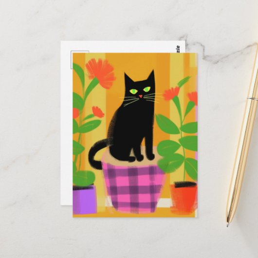 Eine Niedliche schwarze Katze mit Pflanze Postkarte (Vorderseite/Rückseite Beispiel)