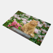 Eine orangefarbene Katze im Garten mit rosa Frühli Fußmatte (Schrägansicht)