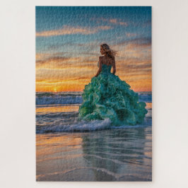 Eine Ozeansonnenlandschaft mit einer Frau im Surfe Puzzle