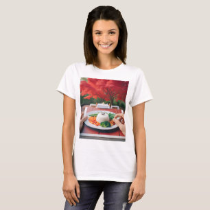 eine Person einen Teller mit einem Futter auf sich T-Shirt