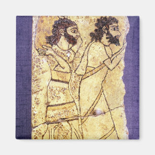 Eine Plakette, die das Gehen mit zwei Männern Magnet