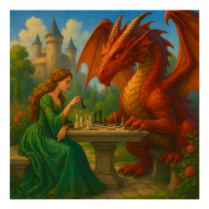 Eine Prinzessin, die Schach mit Drachenfantasiekun Poster
