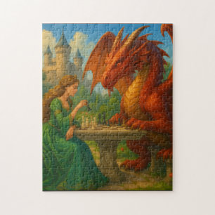Eine Prinzessin, die Schach mit Drachenfantasiekun Puzzle
