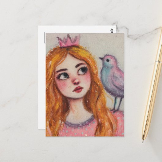 Eine Prinzessin und ein rosa Vogel Postkarte (Vorderseite/Rückseite Beispiel)
