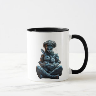 Eine Puppe umarmt ihre zwei superniedlichen Hasen. Tasse