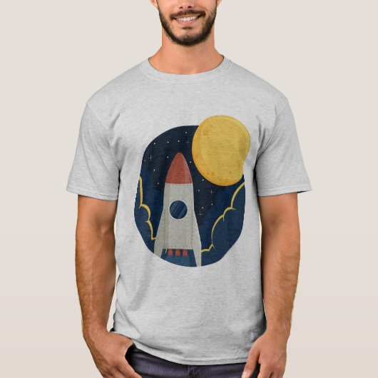 Eine Rakete inmitten des Raumes und des Mondes T-Shirt (Vorderseite)