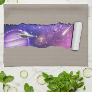 Eine Reibung im Weltraum - Lila Planet-UFO-Komet-G Geschirrtuch