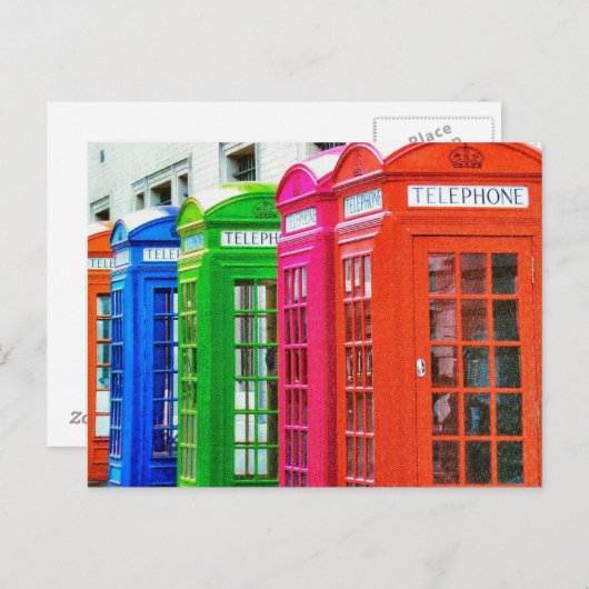 Eine Reihe farbenfroher Telefonboxen Postkarte (Vorne/Hinten)