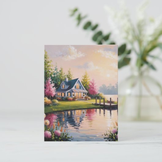 Eine reizvolle Aussicht auf die Hütte am See Postkarte (Stehend Vorderseite)