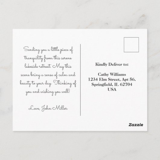 Eine reizvolle Aussicht auf die Hütte am See Postkarte (Rückseite)