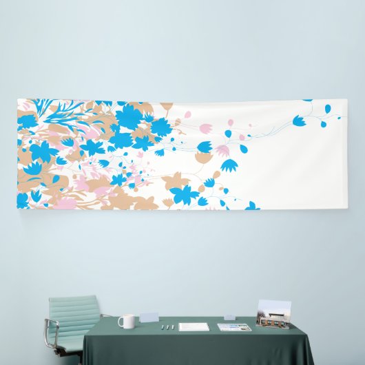 Eine reizvolle Einrichtung mit blauen und rosa Blu Banner (Messeveranstaltung)