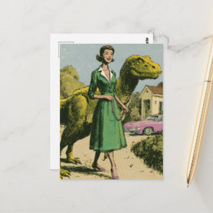 Eine Retro-Dame führt ihren grünen Dinosaurier-Hun Postkarte
