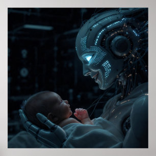 Eine Roboterfrau, die ein Baby hängt Poster