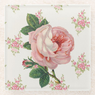 Eine Rose für ein rosafarbenes Vintage-Blumenmuste Glasuntersetzer