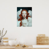 Eine rot gekleidete Frau, die eine Katze in den Wo Poster (Küche)